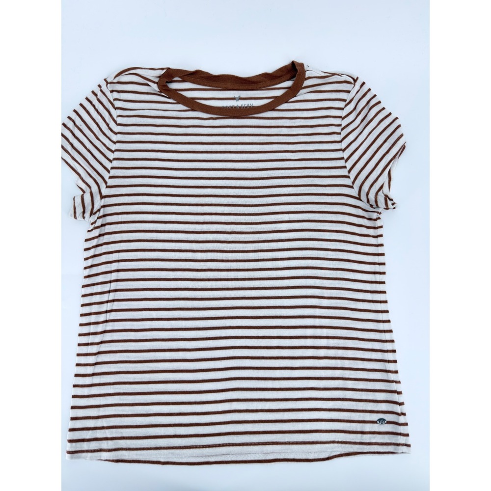 American Eagle T Shirt Soft Sexy Modern Women Size Large White Brown Striped Tee